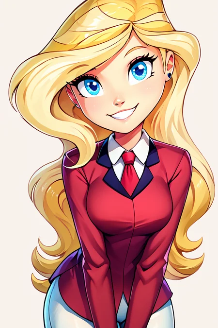 score_9, score_8_up, score_8, medium breasts, (curvy), cute, eyelashes, ,,, , zzSarahWhitney, blue eyes, blonde hair, long hair, red shirt, necktie, white pants, <lora:SarahWhitneyHorseland_PDXL:1.0>, , BREAK, looking at viewer, ,,, smile, upper body, leaning forward, head tilt, ,,, embedding:zPDXL, Expressiveh, ,,, <lora:theButcherXPDXL:0.8>, <lora:CatalystStylePDXL:0.6>, <lora:SDXLFaeTastic2400:0.5>, <lora:Expressive_H-000001:0.4>,
