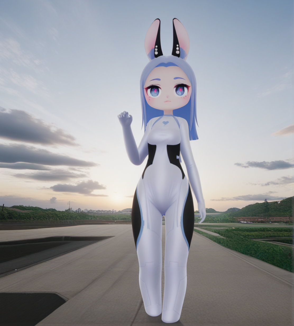 <lora:space_bun-000005:1>,1girl, space bun,blue hair,long hiar,rabbit tail, blue eyes,forehead,short bangs,rabbit ears,flat chest,chibi face,
bodysuit,two-tone bodysuit,white bodysuit, black bodysuit,
outdoors, sky, clouds, scenery,
very awa, masterpiece, best quality, highres, absurdes,amazing quality,very aesthetic,intricate details,scenery,<lora:hand 5.5:1>