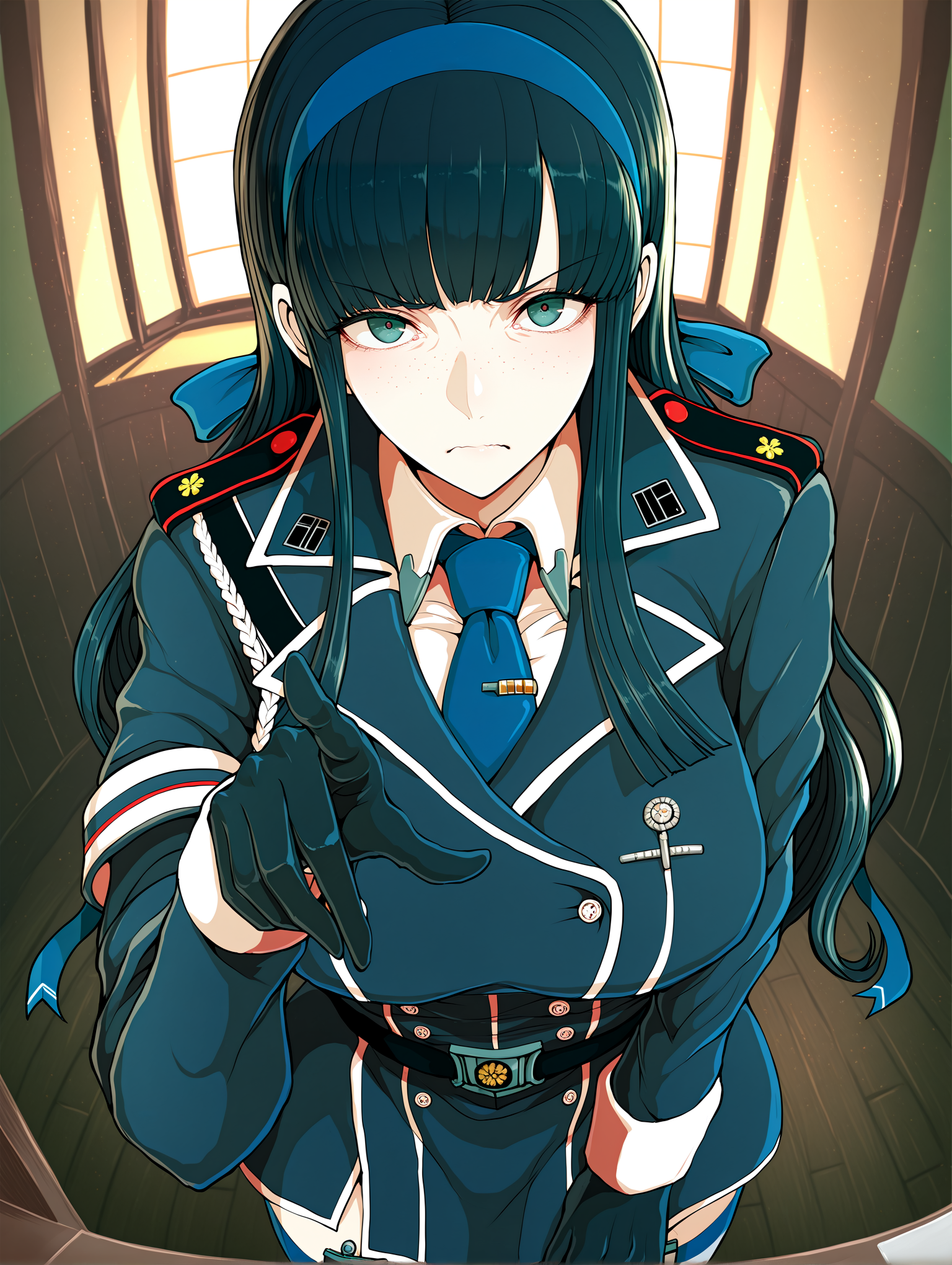 masterpiece, best quality, absurdres, amazing quality <lora:cfg_scale_boost:0.3> <lora:StS-Illustrious-Detail-Slider-v1.0:3> <lora:StS_Age_Slider_Illustrious_v1:3>,detailed_background,indoors,1girl,two-tone legwear,hairband,tie clip,solo,blunt sidelocks,black hair,military uniform,freckles,boushi-ya,blue hairband,black gloves,necktie,blue ribbon,long hair,gloves,pointing,green eyes,ribbon,looking at viewer,kantai collection,mogador \(kancolle\),blue necktie