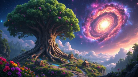 A colossal, ancient tree with thick, gnarled roots and vibrant green leaves stands in a stunning close-up shot, showcasing every intricate detail. Its bark is textured like a natural cityscape, with miniaturized homes and pathways carved into the surface. The vibrant flowers bloom in dazzling hues of electric purple, neon yellow, and fiery pink, with tiny rivers sparkling through the foliage, reflecting the intense light. Small animals resembling squirrels and birds playfully navigate the enormous branches, each animal perfectly detailed. Above, the sky transitions into a breathtaking cosmic expanse of Andromeda, with swirling galaxies in electrifying purple, deep pink, and radiant blue tones, radiating with luminosity. The stars shine brightly, and soft, translucent clouds hover near the base, adding to the surreal and magical atmosphere. Ultra HD, 16K, intensely vibrant color tones, dramatic lighting that enhances every minute detail of the living ecosystem and the awe-inspiring backdrop of the cosmos.