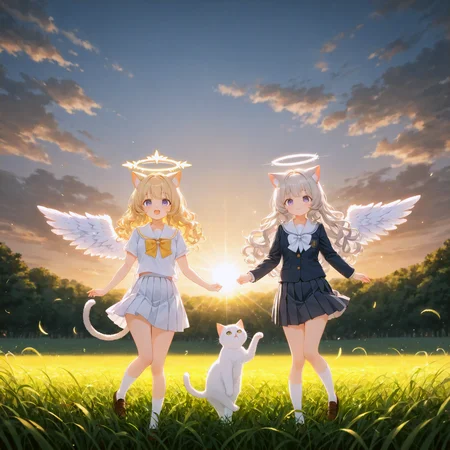 masterpiece, best quality, ((semilong wavy blonde hair girl with angel wings with Angel Halo with cat ears and semilong wavy silver hair girl with angel wings with Angel Halo with cat ears)),full body,((school uniform)), ,game cg,,depth of field,4k backlighting,in Fantastic field, 2girls,ultra cute kawaii