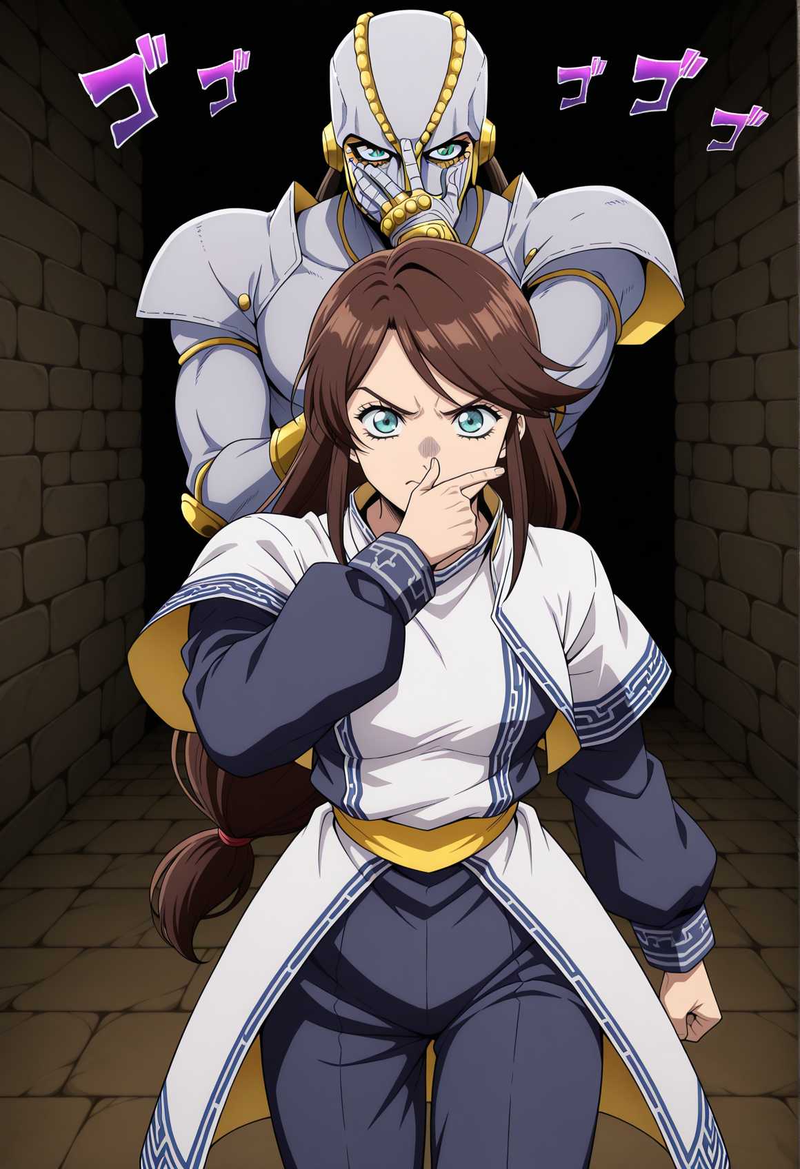 jojo no kimyou na bouken, stand \(jojo\), walking, menacing \(jojo\),  anime coloring, anime screencap, 1girl,  XD, long hair, low tied hair, brown hair, aqua eyes, ainu, ainu clothes, long sleeves, pants, yellow sash,  walking, indoors, dungeon, pointing at viewer, dynamic pose, upper body, hand covering face <lora:Maya_legaia_2:1>, masterpiece, best quality, amazing quality, very aesthetic, absurdres, highres, newest