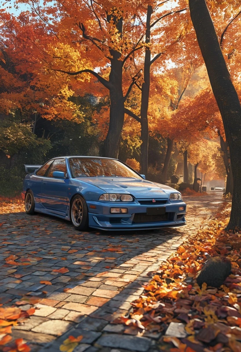 high detailed, hyper realistic, 8k, 16k, masterpiece, CGI rendering, classic Japanese car, Acura Integra Type R, parked, cobblestone road, autumn leaves, deep metallic blue body, white racing stripes, black front bumper, sporty design, aerodynamic shape, low stance, vibrant orange and red autumn trees, fall season, clear blue sky, warm sunlight, soft shadows, reflective surfaces, license plate with Japanese characters, number 34, nostalgic atmosphere, serene setting, crisp details, high contrast, polished bodywork, realistic reflections, ultra-sharp textures, cinematic lighting, smooth curves, metallic finish, ambient glow, depth of field, dynamic composition, timeless aesthetic, car culture, classic automotive design, natural surroundings, leaf-covered ground, photorealistic rendering, rich colors, warm tones, seasonal transition, highly detailed environment, perfectly balanced framing, hyper-defined contours, nostalgic elegance.