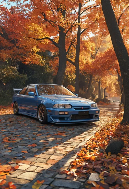 high detailed, hyper realistic, 8k, 16k, masterpiece, CGI rendering, classic Japanese car, Acura Integra Type R, parked, cobblestone road, autumn leaves, deep metallic blue body, white racing stripes, black front bumper, sporty design, aerodynamic shape, low stance, vibrant orange and red autumn trees, fall season, clear blue sky, warm sunlight, soft shadows, reflective surfaces, license plate with Japanese characters, number 34, nostalgic atmosphere, serene setting, crisp details, high contrast, polished bodywork, realistic reflections, ultra-sharp textures, cinematic lighting, smooth curves, metallic finish, ambient glow, depth of field, dynamic composition, timeless aesthetic, car culture, classic automotive design, natural surroundings, leaf-covered ground, photorealistic rendering, rich colors, warm tones, seasonal transition, highly detailed environment, perfectly balanced framing, hyper-defined contours, nostalgic elegance.