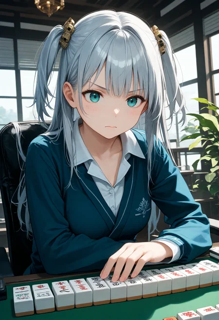 score_9, score_8_up, score_7_up , source_anime, masterpiece, best quality, perfect anatomy , very aesthetic , absurdres ,
1girl, school uniform, medium breasts, solo,<lora:mahjong_Pony_v1:0.9>
mahjong, mahjong tile, mahjong table, board game, playing games,holding mahjong tile,indoors, sitting, chair,
dutch angle, portrait, looking ahead,silver hair, aqua eyes,closed mouth, two side up hair, disappointed