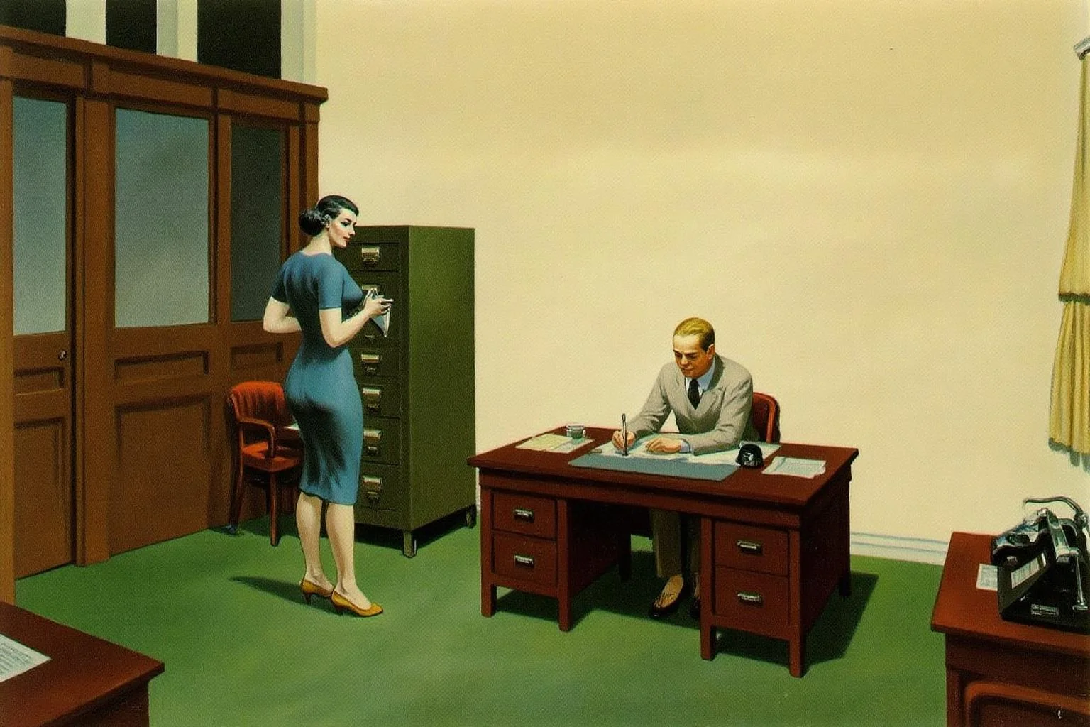 edwardhopper1 painting.
An office setting. A man is seated at a desk, reading a document. The desk has papers, a desk lamp, and an antique telephone. A woman, her back to the viewer, wears a blue dress and stands in front of a filing cabinet on the left. She is turning her head to look back at the man. A wooden door with glass panels is in the background. <lora:edwardhopper1_cap_d8a4e11:1.0><lora:847365572101421543:0>
