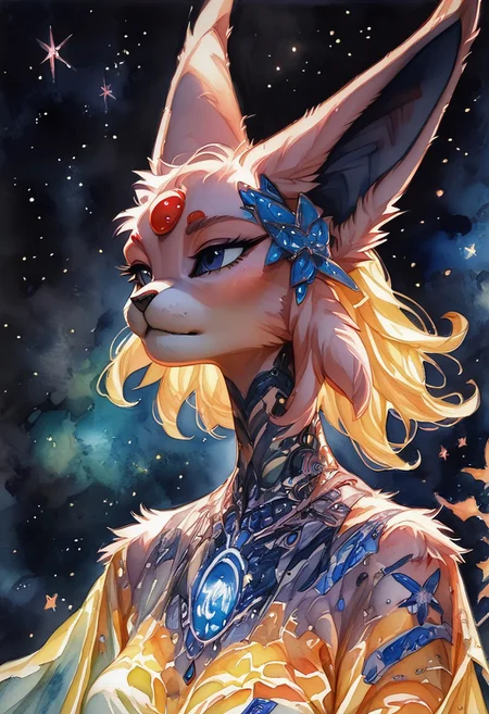 (((EspeonGirl))), female, anthro, body fur, detailed fur,
(score_9, score_8_up, score_7_up), watercolor \(medium\), traditional media, pureerosface_v1, g0thicPXL, glowing, neon, WarcraftStyle, masterpiece, best quality, highly detailed, intricate details, extremely detailed, smooth lines, masterpiece, no text, quality highlights, 8k detail, detailed background, waist-up portrait, (((pastel colors, high contrast,expressiveh,)))
...
1woman, (((Espeon), ((short fluffy fur)), multicolored fur,)))), adult, mature, (((face focus))), (sexy pose), (perky breasts, slender figure),
...
(Space background, starry sky, detailed background, artistic and intricate background)