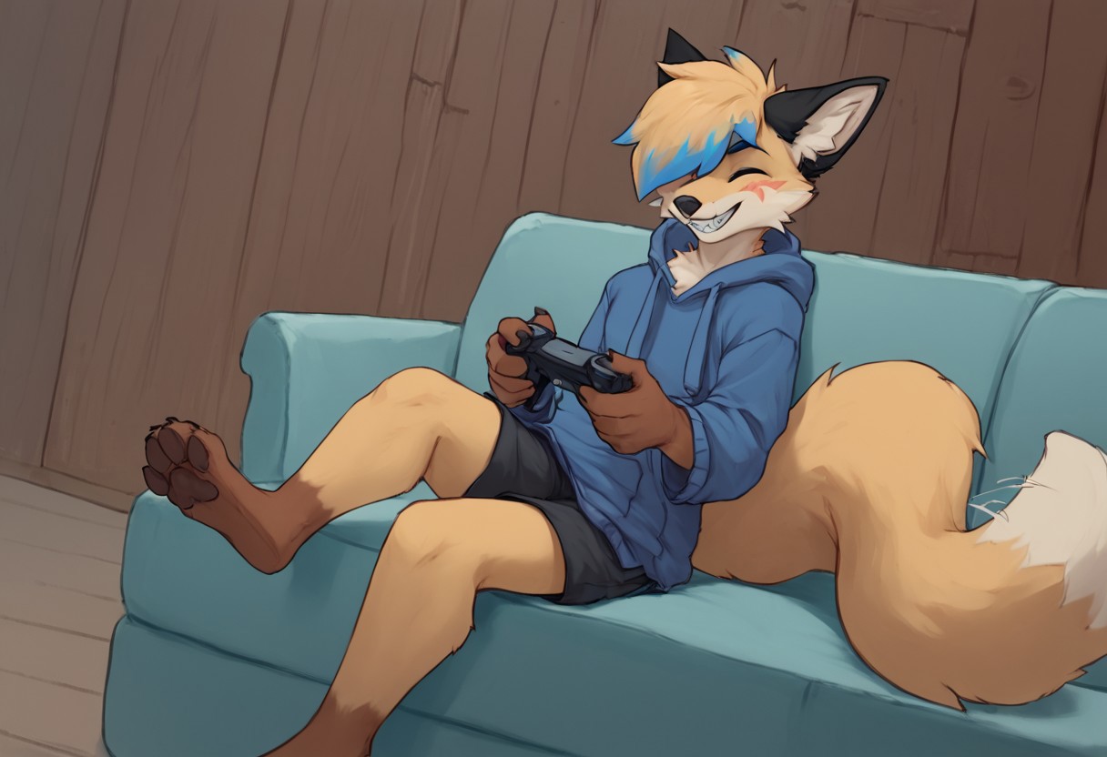 score_9, score_8_up, score_7_up, csr style, solo, depth of field, solo, male, masterpiece, best quality, absurdres, highly detailed, 
source_furry, looking at viewer, smile, paws, fox, sharp tooth grin, multicolored hair, hair tuft, blue tip dyed hair, eyes closed, squint, golden fur, mainly golden hair, hair tuft over one eye, blue eyebrows, grey sweatpants,
BREAK, foenix, black face markings, whisker marks, kitsune facial marks, brown hands, brown feet, yellow earfluff, cute, facial markings, black ears, blue tip dyed hair, blue eyebrows, closed eyes, squint,
BREAK, blush, smiling, happy, looking_at_viewer, score_7_up, score_8_up, score_9, by nomifuk, cute:1.2, tailwag, wink, grin, sitting, playing videogames, sitting on couch, one leg on couch, concentrated, oversized hoodie, holding controller, black shorts, wooden house, living room, cozy background, detailed background,
BREAK, masterpiece, best quality, highres, intricate details, 4k, stunning,  (fullbody, feet), light coming through window, beautiful lighting, soft lighting