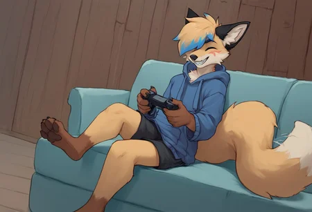 score_9, score_8_up, score_7_up, csr style, solo, depth of field, solo, male, masterpiece, best quality, absurdres, highly detailed, 
source_furry, looking at viewer, smile, paws, fox, sharp tooth grin, multicolored hair, hair tuft, blue tip dyed hair, eyes closed, squint, golden fur, mainly golden hair, hair tuft over one eye, blue eyebrows, grey sweatpants,
BREAK, foenix, black face markings, whisker marks, kitsune facial marks, brown hands, brown feet, yellow earfluff, cute, facial markings, black ears, blue tip dyed hair, blue eyebrows, closed eyes, squint,
BREAK, blush, smiling, happy, looking_at_viewer, score_7_up, score_8_up, score_9, by nomifuk, cute:1.2, tailwag, wink, grin, sitting, playing videogames, sitting on couch, one leg on couch, concentrated, oversized hoodie, holding controller, black shorts, wooden house, living room, cozy background, detailed background,
BREAK, masterpiece, best quality, highres, intricate details, 4k, stunning,  (fullbody, feet), light coming through window, beautiful lighting, soft lighting