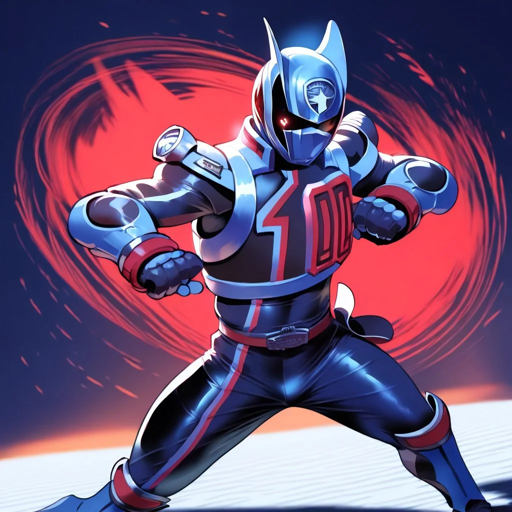score_9, score_8_up, score_7_up
, masterpiece, beautiful,
,Spdshadowranger, black armored suit, red and silver accents, metallic chest armor, bold "100" design, angular shoulder pads, black gloves with red cuffs, black boots with silver knee guards, silver belt with red buckle, holster with weapon, animal-inspired helmet, glossy black helmet, silver helmet detailing, 1 male, action pose, battle pose,