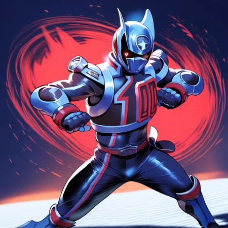 score_9, score_8_up, score_7_up
, masterpiece, beautiful,
,Spdshadowranger, black armored suit, red and silver accents, metallic chest armor, bold "100" design, angular shoulder pads, black gloves with red cuffs, black boots with silver knee guards, silver belt with red buckle, holster with weapon, animal-inspired helmet, glossy black helmet, silver helmet detailing, 1 male, action pose, battle pose,