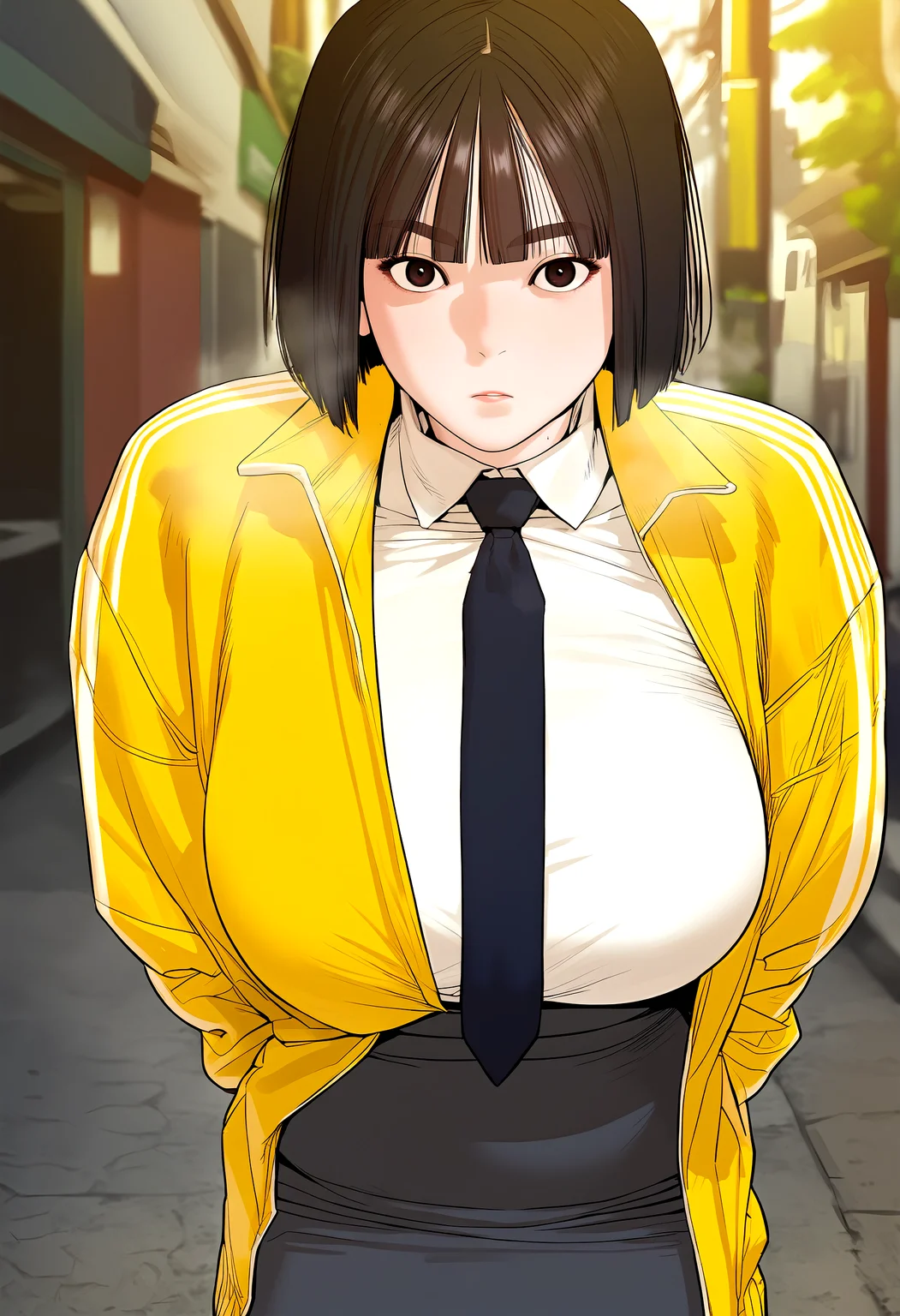 score_9, score_8_up, score_7_up, score_6_up, source_anime, rating_explicit, <lora:neg4all_bdsqlsz_V3.5:2.0>1girl, (solo:1.2), huge breasts, <lora:Ga eulponyxl:1> brown eyes, short hair, bob cut, brown hair, black hair, black eyes, blunt bangs, yellow jacket, black necktie, white shirt, collared shirt, black skirt, pencil skirt, expressionless, Narrow shoulders, heavy breathing, steaming body, street, outdoors, looking at viewer