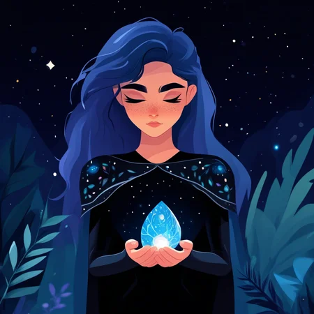 ArsMJStyle, Flat Cartoon Illustration, The image shows a woman in a black dress holding a crystal ball in her hands surrounded by plants and stars in the night sky., 1girl, solo, closed eyes, freckles, blue hair, cape, long hair, black hair, multicolored hair, nature