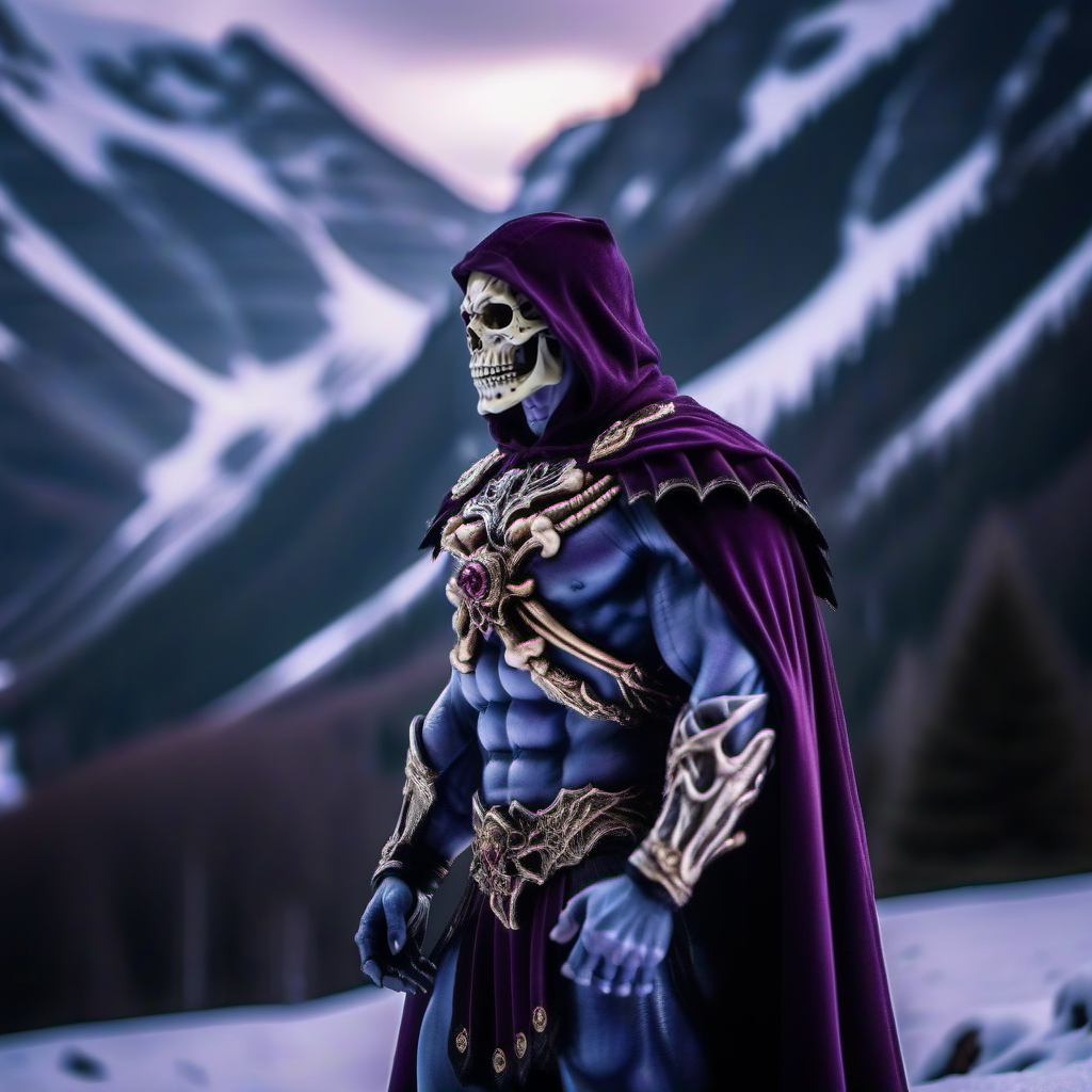 cinematic photo a muscular man, skeleton face, purple cape, cloak, in the alps, snow <lora:Skeletor1024-000190:0.8> . 35mm photograph, film, bokeh, professional, 4k, highly detailed