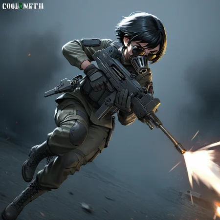 1girl, tactical gear, uzi, uzi-pistol, shooting, dynamic pose, action shot, finger on trigger, muzzle flash, cool, sunglasses, combat boots, gloves, military uniform, short hair, solo, outdoors, smoke, dramatic lighting, masterpiece, best quality, very awa