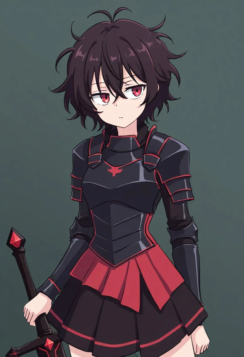 score_9, score_8_up, score_7_up, score_6_up, score_5_up, 1girl, short black messy hair, red eyes, black chest plate, skirt made of black steel, black sword, (<OddlySmutty_style>)