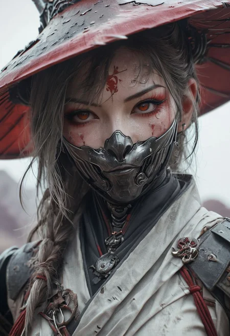 Capture the essence of a weathered old and worn-out female busty cleavage cyborg samurai amidst a swirling dust and electricity storm. Bent forward, obscured beneath a large, round sedge hat, their face barely visible. With arms outstretched, each hand holds a hovering, semi-molten translucent dark red-gray orb. Against the backdrop of the sun, they stand in a desolate, bleached white sand desert.. translucent dark-red moonlight greatsword ,holding sword, glowing weapon,
very detailed, atmospheric haze, Film grain, cinematic film still, shallow depth of field, highly detailed, high budget, cinemascope, moody, epic, OverallDetail, gorgeous, 2000s vintage RAW photo, photorealistic, candid camera, color graded cinematic, eye catchlights, atmospheric lighting, skin pores, imperfections, natural, shallow dof