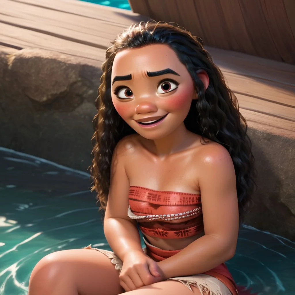 score_9, score_8_up, score_7_up, score_6_up, score_5_up, score_4_up, rating_explicit, Moana, in shallow water, laying sitting, small breasts, embarrassed smile, blushing, lots of pubic hair, looking up at viewer, wet, light brown eyes