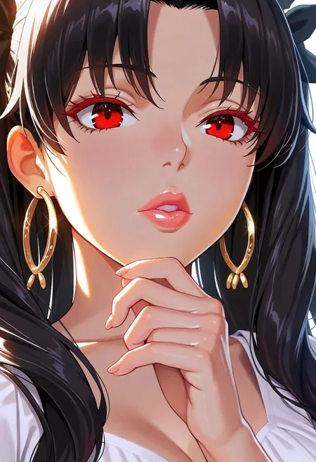 1girl, Ishtar \(fate\),, adult woman, earrings, masterpiece, white dress, hand up, jewelry, black hair, twintails, long hair, luscious lips, lip gloss, portrait, colored eyelashes, backlighting, red eyes, goddess, glossy skin,