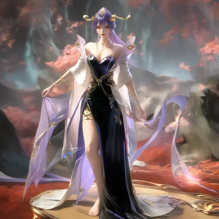 tianqiong,score_9,score_8,score_7_up,source_real,<lora:ponytianqiong3v:1>,looking at viewer,black dress with gold accents,white sleeves,transparent high neckline with a purple gemstone in the center,riverside,full body,barefoot,