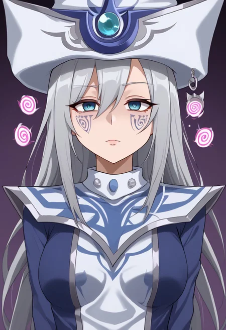 Silent magician hypnotized by tattoo,
score_9, source anime, lewd, 1girl,
mind control, hypnotized, empty eyes, dull eyes,
(spiral shaped tattoo, pink glowing tattoo), tattoo on forehead, glowing writing,
silent magician, grey hair, long hair, blue eyes, hat,