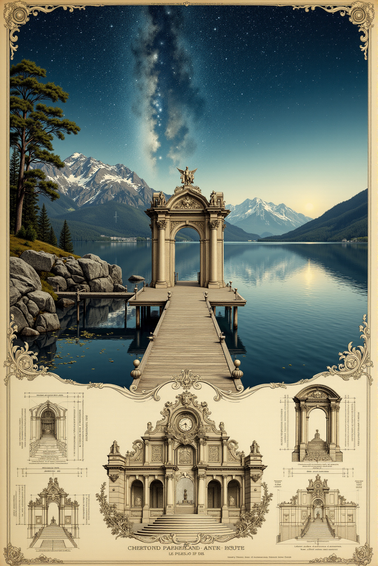 <lora:Vintage_sketch_style_v.1:0.8> VintageSketch style. An intricate vintage design sketch features   This breathtaking night time scene portrays a tranquil lakeside setting under a sky filled with stars. The composition draws the eye along the weathered wooden pier that stretches out over the calm water, leading toward a small boathouse on stilts at the far end. The lakeâs surface is smooth and reflective, perfectly mirroring the snow-capped mountains that loom majestically in the background. The contrast between the darkened slopes of the mountains and the bright, snow-covered peaks adds depth and texture to the landscape. Above, the vast, starry sky is brilliantly clear, with countless stars sparkling against a deep blue canvas. The Milky Way is subtly visible, adding an ethereal quality to the sky. The stars reflect softly on the lake, enhancing the sense of stillness and peace that permeates the scene. The distant mountains are bathed in soft moonlight, creating a serene, dreamlike atmosphere that invites quiet contemplation. The overall palette of cool blues, whites, and subtle earth tones lends a soothing and calming mood, emphasizing the beauty and tranquility of nature at night. (  The image is a detailed, hand-drawn architectural illustration of the Palazzo dei Diamanti in Ferrara, Italy, rendered in a classical, detailed style reminiscent of historical engravings or old architectural plans. The drawing is in sepia tones, giving it an antique, aged appearance. The illustration is divided into sections, showcasing the grandeur and ornate details of the palace. The faÃ§ade is depicted with a central, imposing entrance flanked by two imposing columns. Above the entrance, there's an elaborate tympanum featuring a coat of arms and a clock face. Above the tympanum, the main architectural features include a series of statues, intricate carvings, and a central pediment adorned with a statue.  To the sides, additional architectural details and floor plans are illustrated, showing various sections of the palace, including ornate windows, arches, and statues. The illustration also includes a detailed depiction of the palace's grand staircase, leading up to the entrance.  The architectural style is Baroque, evident from the ornate detailing, Corinthian columns, and elaborate sculptures. :0.5)