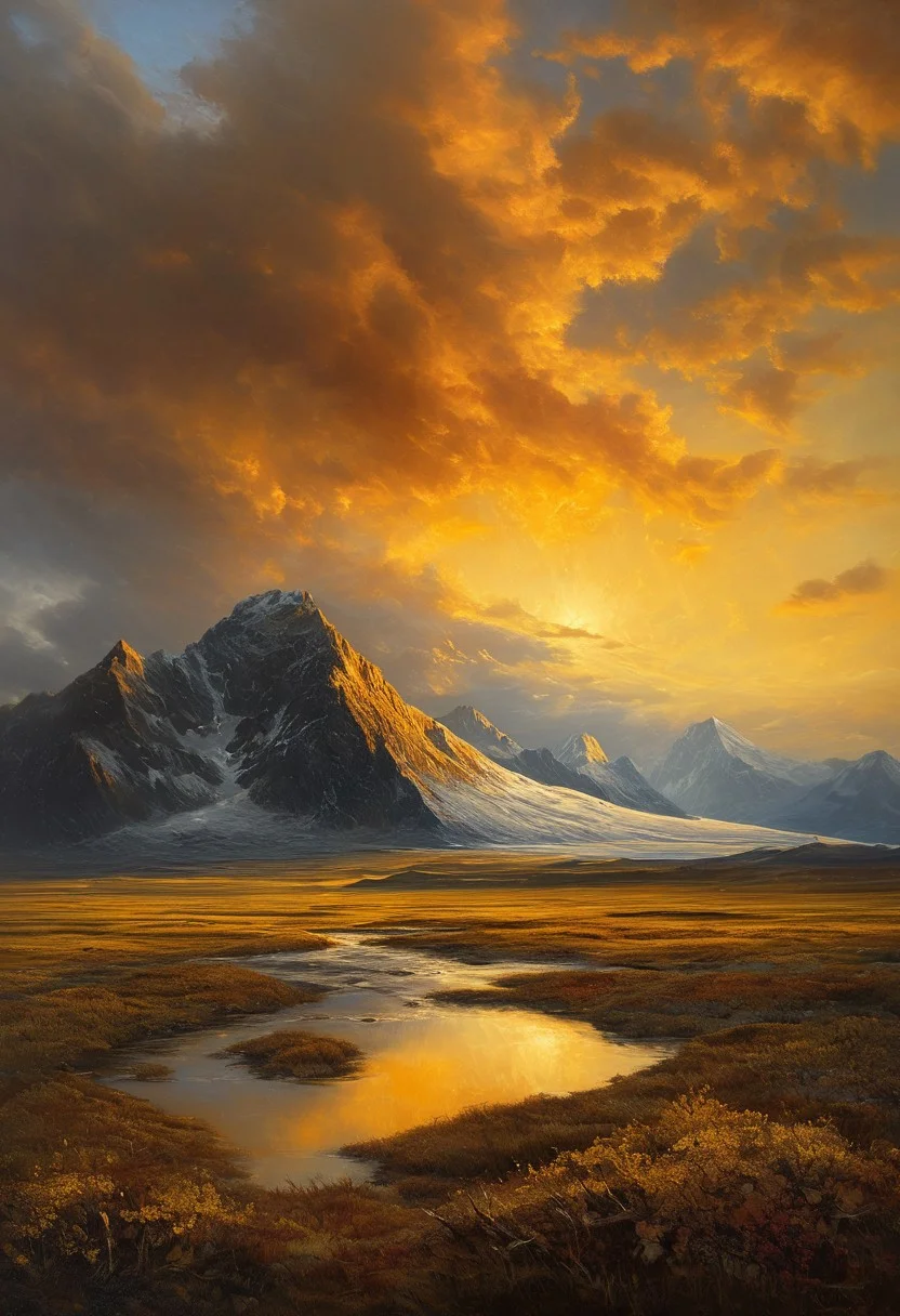 (masterpiece:1.4), (intricate details:1.4), (hyperrealistic:1.3),(painting:0.9),(fantasy landscape:1.3), Arctic tundra with permafrost patterns, Supercell rotating over prairie, Mammatus pouches under storm deck, Golden hour sidelight emphasizing texture, Yardang wind-sculpted ridges, Albert Bierstadt: (luminous skies), (dramatic mountain vistas), (hyperrealistic naturalism), (golden hour glow), Abandoned clockwork metropolis Long shot, Monochrome color guide,