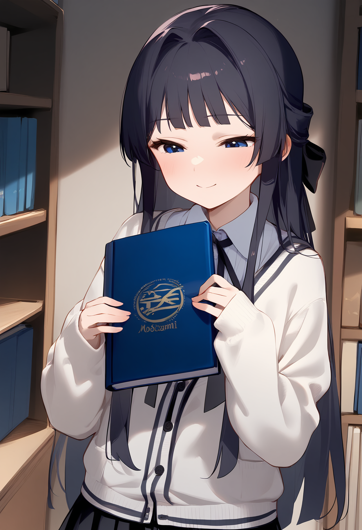 1girl,
mogami shizuka,


skirt, standing, closed mouth, half-closed eyes, long hair, solo, clothes writing, pleated skirt, sleeves past wrists, hair intakes, black skirt, collared shirt, long sleeves, shirt, grey shirt, ribbon, hands up, holding, blush, black hair, looking away, blue eyes, black ribbon, cardigan, white cardigan, cowboy shot, indoors, smile, hair ribbon, looking down, bookshelf, holding book, book,

sfw
<lora:a31_char_new_mogami_shizuka-000022:1> <lora:a31_style_koni-000010:0.8>