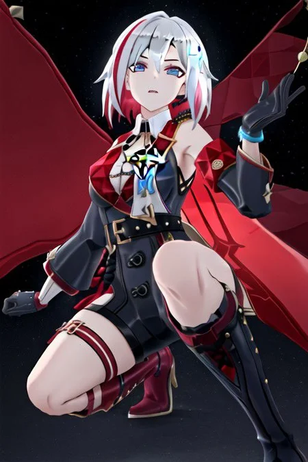 topaz \(honkai: star rail\), black gloves, thigh strap, knee boots, hair ornament, unitard, detached sleeves, badge, side cape, sleeveless shirt, belt