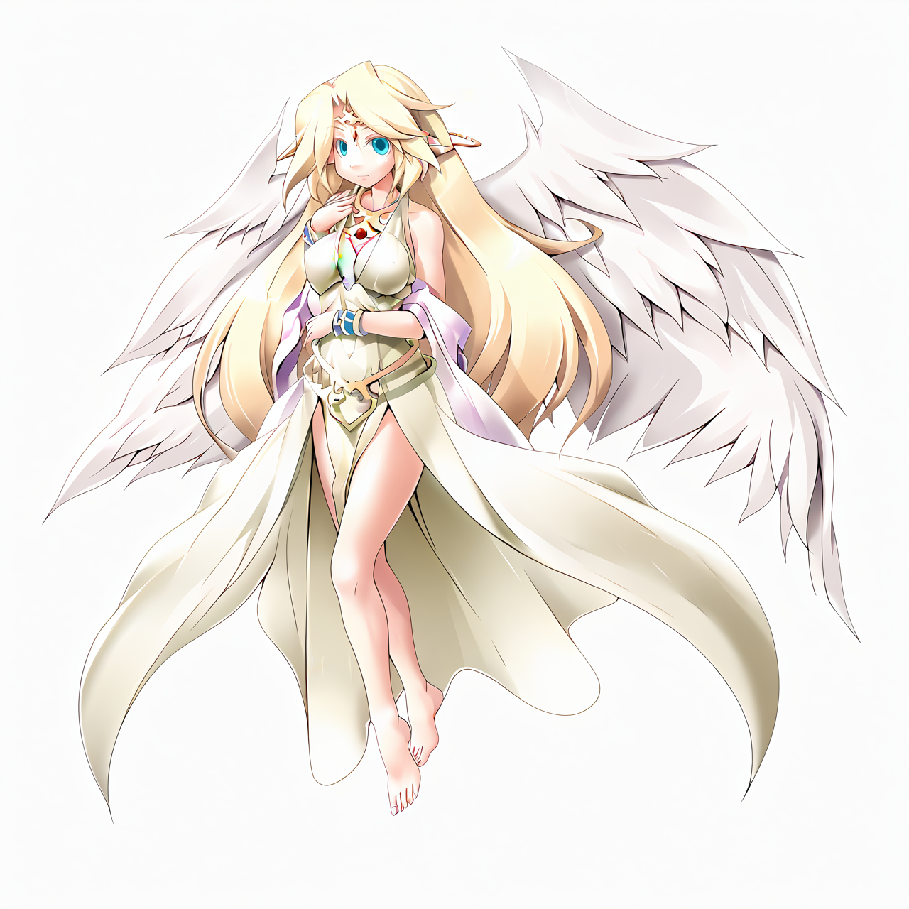 source_anime, 1girl, solo, looking at viewer ,   <lora:Goddess_Ilias:1>, Ilias(blue eyes,blonde hair,middle breasts,very long hair,wings,pointy ears,feathered wings,angel wings,angel,red forehead jewel),  clothes,  breasts,, Ultra fine depiction of details, 32k, A super beautiful woman, good anatomy, high quality, best quality, flying, transparent background, barefeet
