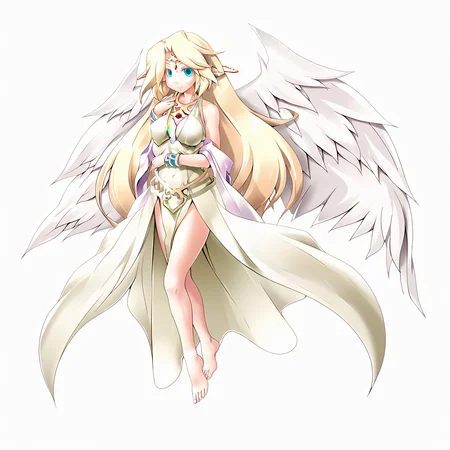 source_anime, 1girl, solo, looking at viewer , <lora:Goddess_Ilias:1>, Ilias(blue eyes,blonde hair,middle breasts,very long hair,wings,pointy ears,feathered wings,angel wings,angel,red forehead jewel), clothes, breasts,, Ultra fine depiction of details, 32k, A super beautiful woman, good anatomy, high quality, best quality, flying, transparent background, barefeet