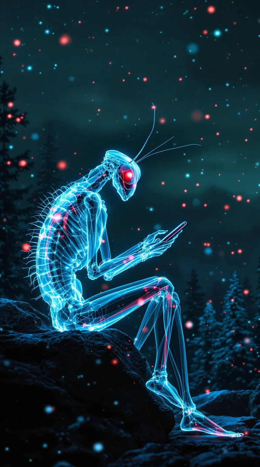 x-ray, close-up photograph of an anthropomorphic mantis dude sitting on a rock with his phone, night, green wall forest, overcast, starry sky, flickering snowflakes, glowing red snow