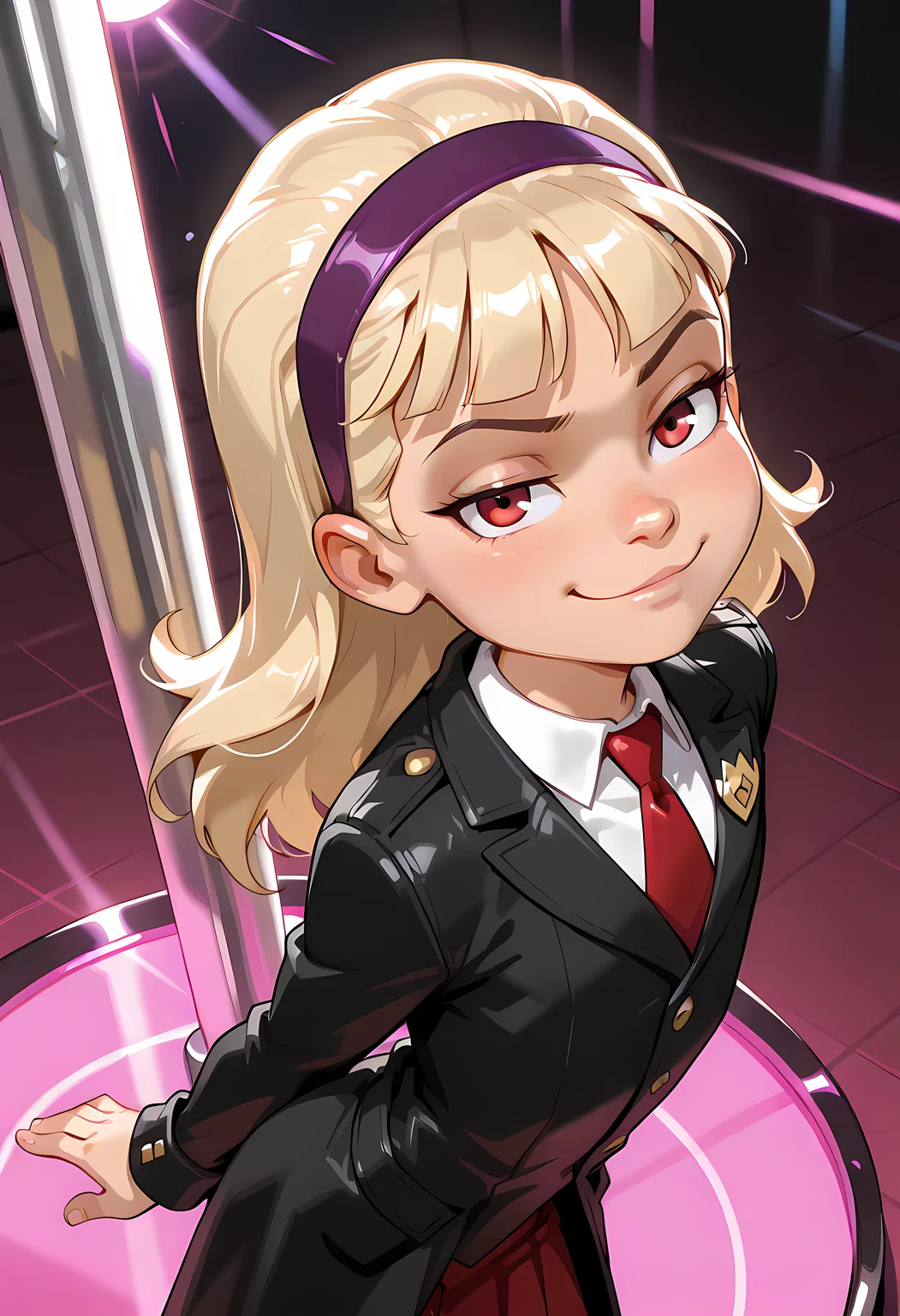 , BREAK, DC__Young_Justice_Child, 1girl, blond hair, red eyes, purple hairband, white shirt, black coat, red tie, insignia on coat, smug smile,  looking up at viewer, from above, arched back, cowboy shot, solo, stripper, stripper pole,, child <lora:justice_girl_childILL:1>, (portrai shot, upper body)