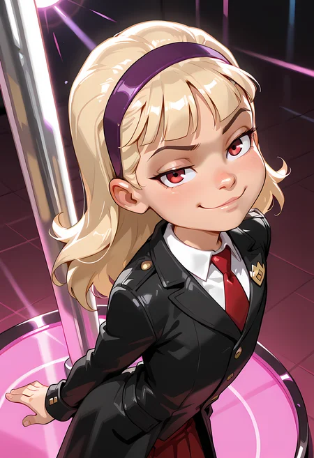 , BREAK, DC__Young_Justice_Child, 1girl, blond hair, red eyes, purple hairband, white shirt, black coat, red tie, insignia on coat, smug smile, looking up at viewer, from above, arched back, cowboy shot, solo, stripper, stripper pole,, child <lora:justice_girl_childILL:1>, (portrai shot, upper body)