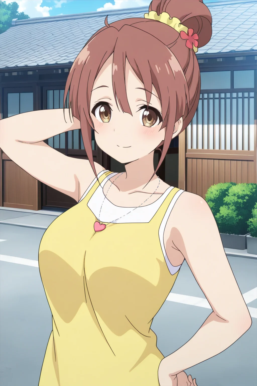 anime screenshot, 1girl, solo, shinomiya shiori, brown hair, single hair bun, yellow scrunchie, hair scrunchie, hair flower, brown eyes, large breasts, yellow dress, sleeveless, sleeveless dress, white tank top, collarbone, heart necklace, looking at viewer, smile, hand on own hip, arm behind head, cowboy shot, outdoors, masterpiece, best quality, high quality, highres, absurdres, <lora:shinomiya_shiori_ILXL:0.9>
