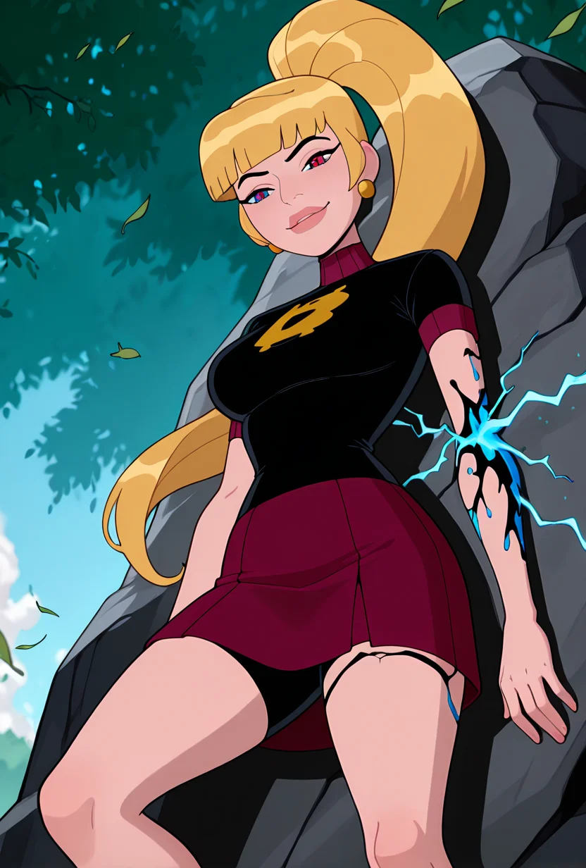 <lora:mazuma-10:1> mazuma, blonde hair, ponytail, long hair, 1girl, earrings, black shirt, short sleeves, short skirt, red blue eyes, heterochromia, shirt over skirt,  lips, maroon skirt, ((cartoon,  screencap)), dynamic pose, expressive,  amazing quality, best quality, facial expression , nature background, leaning against rock, blue blood, smiling, amputated arm, from below,  <lora:damagedrobot_v27-noobxl_eps-08:1> missing arms, broken arms, broken legs, damaged head, damaged chest, cracked belly, cracked neck, electricity, sparks, smoke, foreground blur, background blur, falling leaves,, masterpiece, best quality, amazing quality, very aesthetic, absurdres, newest,