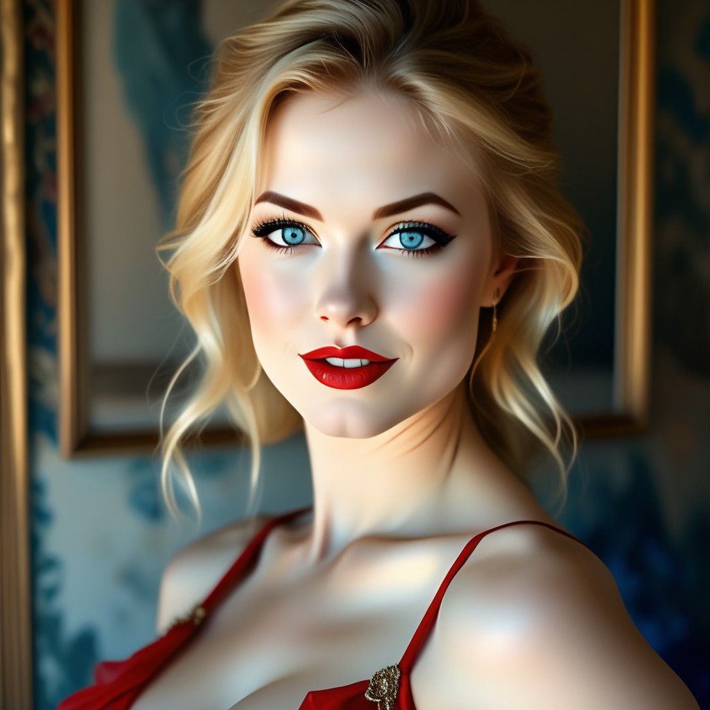 Extreme up-close 35mm shot captures the golden blonde hair cascading down her porcelain skin as she gazes directly into the lens. Her deep blue eyes sparkle with a hint of arrogance, framed by thick red lips that curve upwards in a seductive smile. The vibrant summer dress accentuates her curvaceous figure, contrasting with the opulent art studio's rich textures and colors. The soft lighting emphasizes her features as she exudes confidence, drawing the viewer's attention to her captivating beauty.