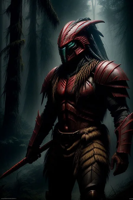 Amazing scene of Predator, fully armored Yautja, badass helmet with war paint, misty forest setting, dimly lit, epic lighting, predator has advances technological rocket-launch system deployed from his shoulder armor,
highest quality, focused, clear,