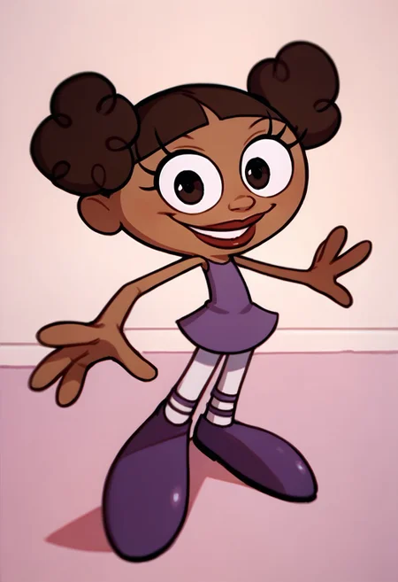 score_9, score_8_up, score_7_up BREAK MeeMeeDL, 1girl, dark brown hair, dark brown eyes, brown skin, curly pigtails, lipstick, sleeveless purple dress, white tights, purple ballet shoes, smiling at viewer, solo, solo focus, full body, standing,