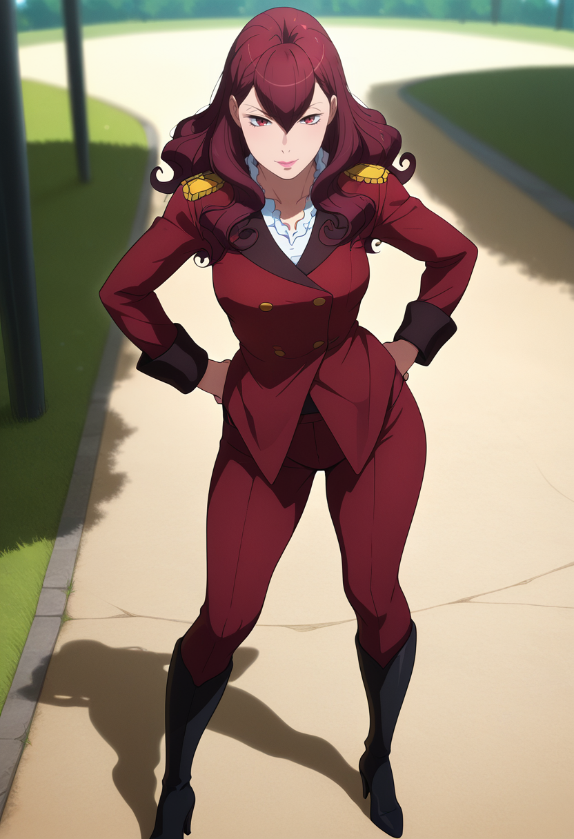 masterpiece, best quality, amazing quality, 1girl, solo, femieanneww, mature female, red eyes, red hair, long hair, curly hair, hair between eyes, lipstick, vers uniform, military uniform, red jacket, epaulettes, red pants, black knee boots, high heels, <lora:Aldnoah_Zero_Femieanne_ill:1>, standing, both hands on waistband, pulling down pants, looking at viewer, outdoors, skindentation, detailed clothing folds, depth of field, sharp, high contrast, dynamic light