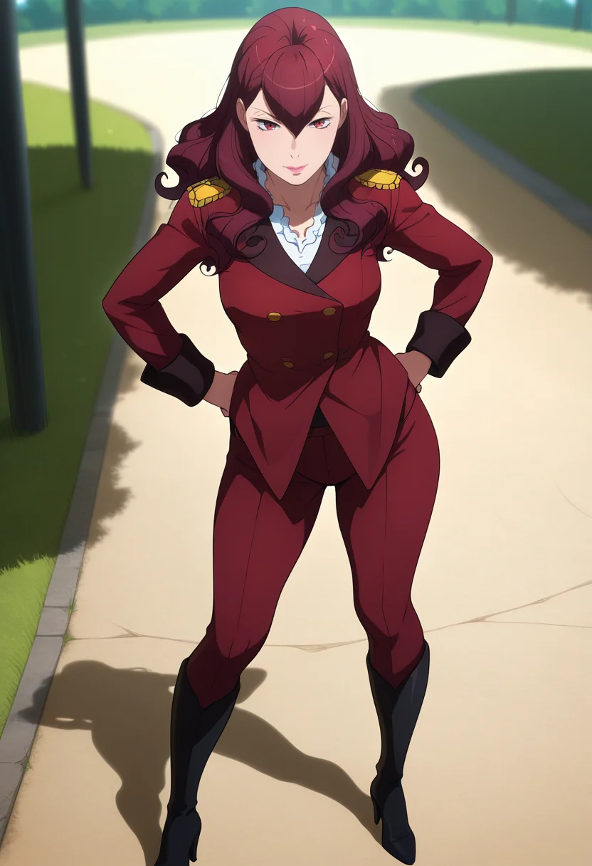 masterpiece, best quality, amazing quality, 1girl, solo, femieanneww, mature female, red eyes, red hair, long hair, curly hair, hair between eyes, lipstick, vers uniform, military uniform, red jacket, epaulettes, red pants, black knee boots, high heels, <lora:Aldnoah_Zero_Femieanne_ill:1>, standing, both hands on waistband, pulling down pants, looking at viewer, outdoors, skindentation, detailed clothing folds, depth of field, sharp, high contrast, dynamic light