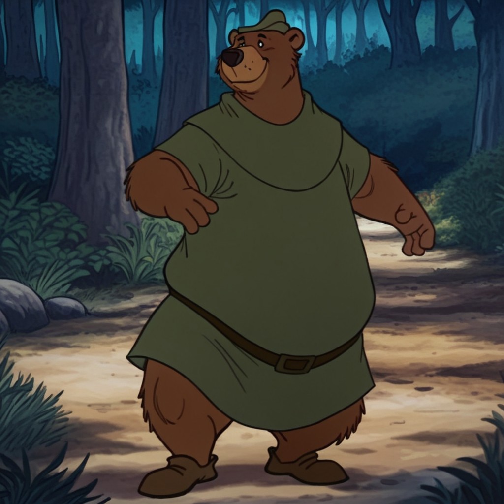 masterpiece, best quality, amazing quality, LittleJohnRH, semi-anthro, male, bear, brown fur, black eyes, green hat, green shirt, brown shoes, brown belt, standing, in forest