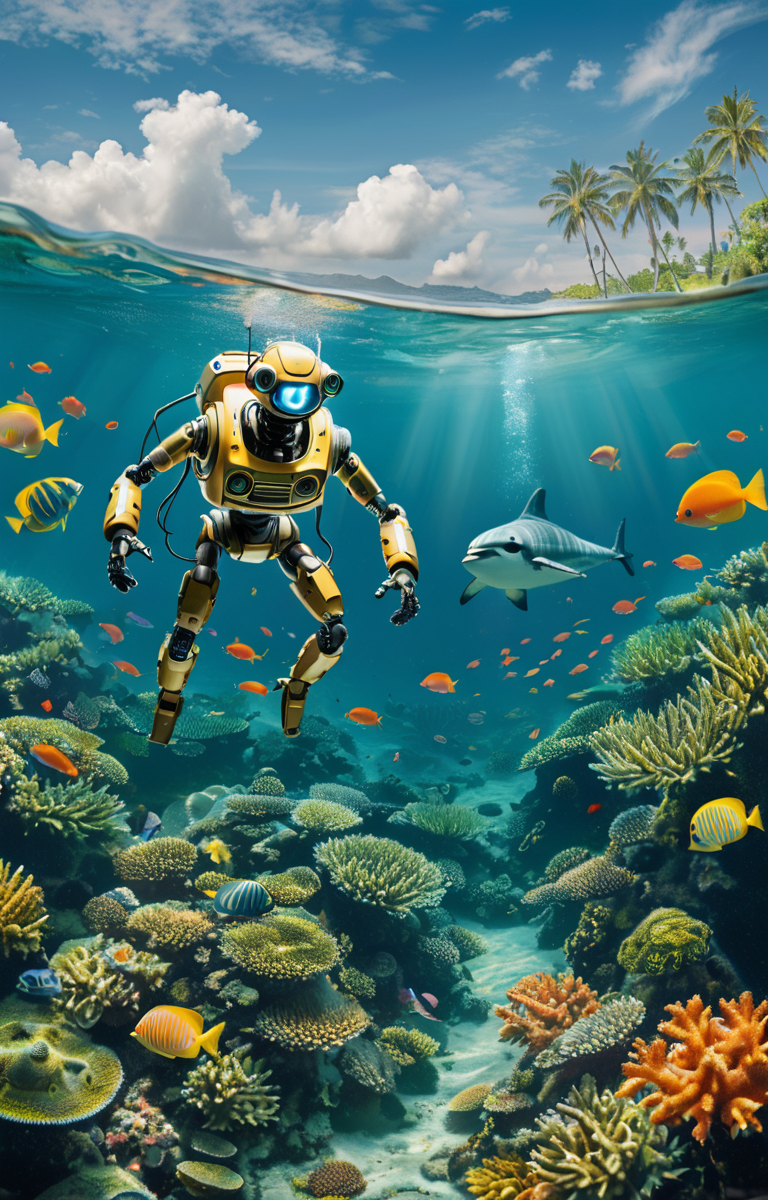 masterpiece,best quality,<lora:tbh341-sdxl:0.75>,illustration,style of underwater sea life portrait of Housework robots