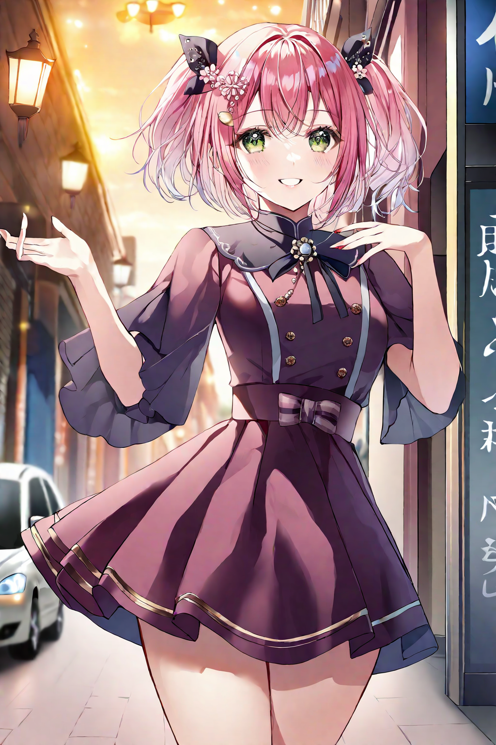 (1girl:1.2),(solo:1.2),by miwabe sakura,masterpiece,best quality,aesthetic,beautiful,beautiful color,amazing quality,detailed clothes,hair ornaments,pose,street background,smile,cowboy shot,nice hands,perfect hands,