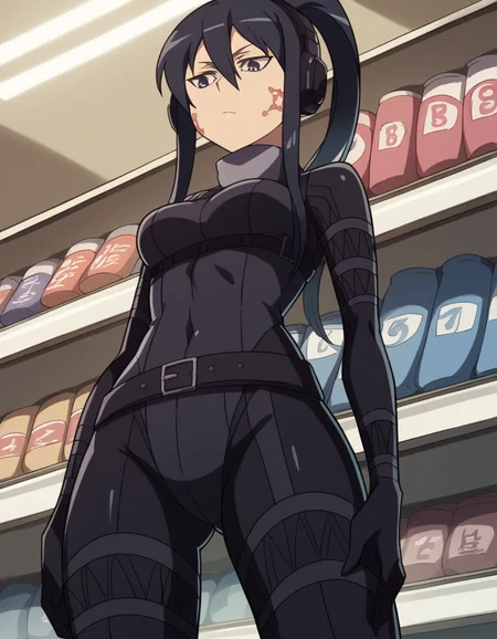 score_9, score_8_up, score_7_up, source_anime, <lora:pitohui-s1-ponyxl-lora-nochekaiser:1>, pitohui, long hair, black hair, ponytail, facial mark, sidelocks, medium breasts,, bodysuit, black bodysuit, long sleeves, belt, , music store, browsing records, headphones, vinyl collection, nostalgic, , , from below, solo,, cowboy shot, dutch angle,