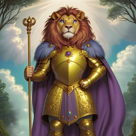 <lora:Wonderland:1> ArsMJStyle, Wonderland, The image shows a lion wearing a golden and purple dress holding a staff in its hand standing in front of a backdrop of trees and clouds in the sky., lion, armor, solo, cape, furry, lion ears, animal ears, male focus, blue eyes, gold armor, sky, 1boy, holding, staff, furry male