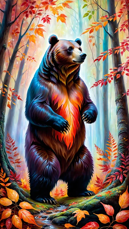 Oil painting, enchanted bear in a mystical autumn forest, stand on two feet, intricate details, vibrant colors, ethereal lighting, glowing red and orange leaves, soft natural lighting, ethereal glow, detailed background, mystical atmosphere, realistic shadows, fine details in fur and foliage, ultra-quality, magical elements, enchanted pose, autumn setting, falling leaves, whimsical composition, mystical ambiance, delicate brushstrokes