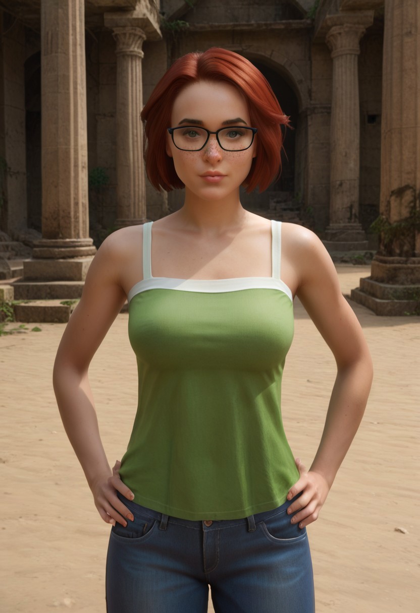 score_9, score_8_up, score_7_up, realistic
standing, hands on hip, UPPER body, cowboy shot, temple, indoors, ruins, pillars, close-up shot, face focus, female focus
Sims4ElizaPancakes, 1girl, freckles, short hair, red hair, green eyes, brown eyes, black-framed eyewear, glasses, green shirt, bare shoulders, tank top, blue pants, jeans,