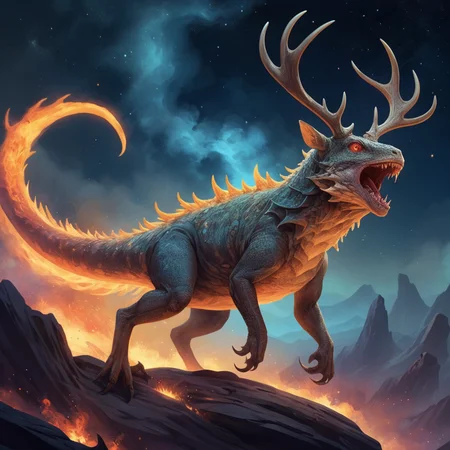 grizzled bipedal lizard with (gnarled antlers:1.5), standing up on hind legs and roaring into the night sky, nebulae, flames surround, jaw open, long sharp fangs <lora:add-detail-xl:3>, Fantasy illustration style, transports viewers to imaginative worlds, epic landscape, and heroic adventures, sparks wonder and inspiration