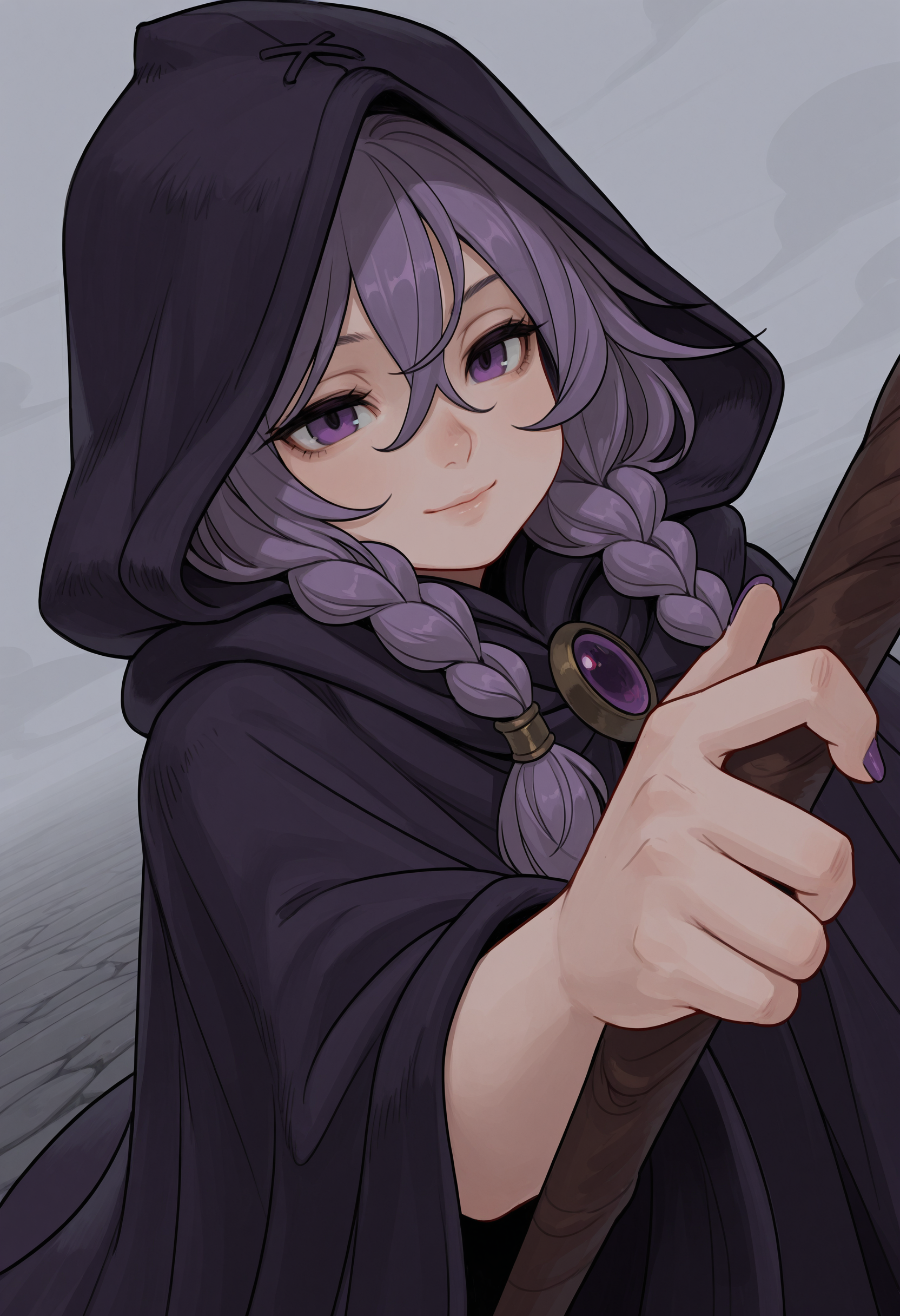 , masterpiece, best quality, absurdres, very aesthetic, highres, very awa,
1girl, face focus, twin braids, dutch angle,  light smile,  fog, holding mage staff, hood up, cloak, hand focus, dynamic pose, purple nails, hair between eyes,   <lora:o___8_ill:1>